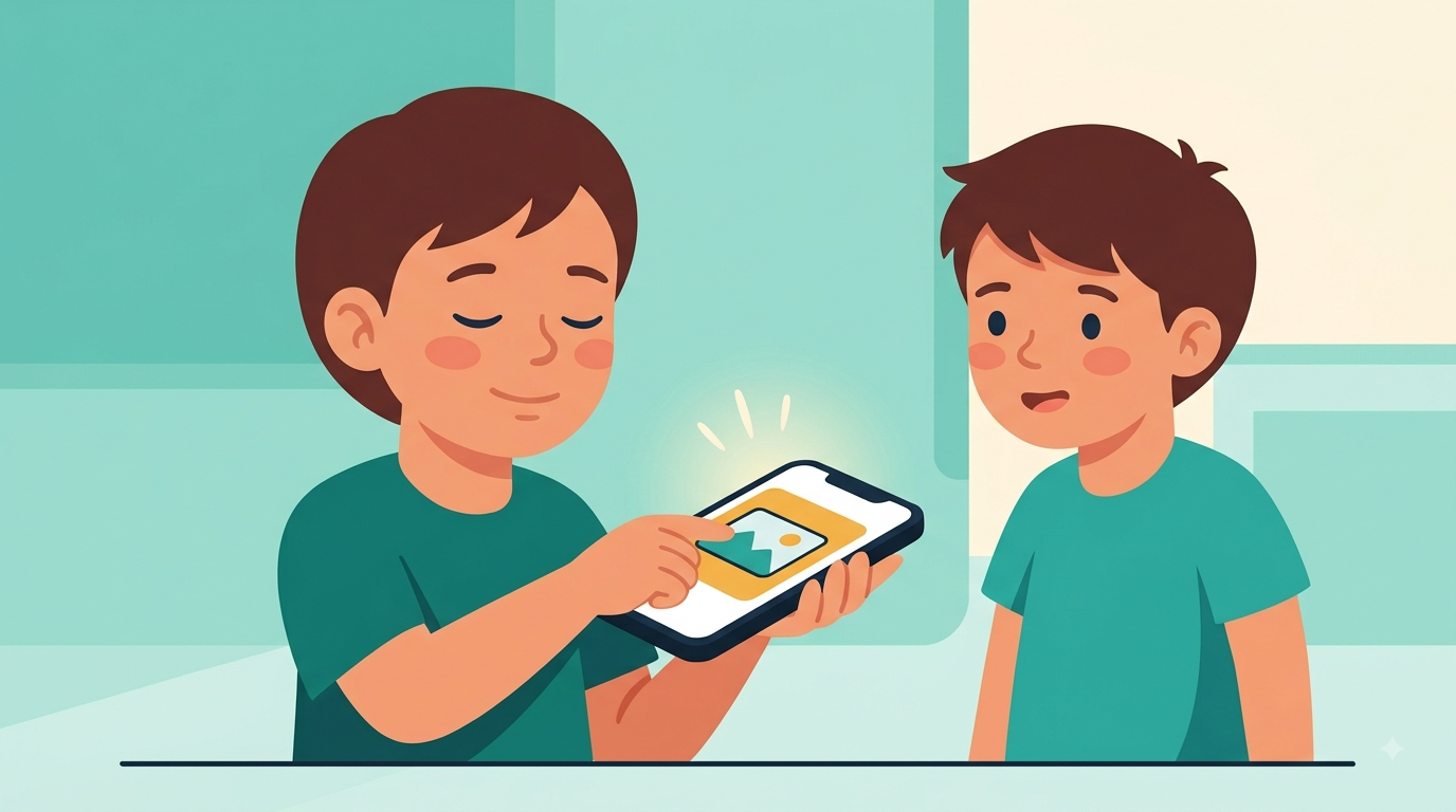 A child listening to a phone and touching one large button, using the board without looking at the screen.