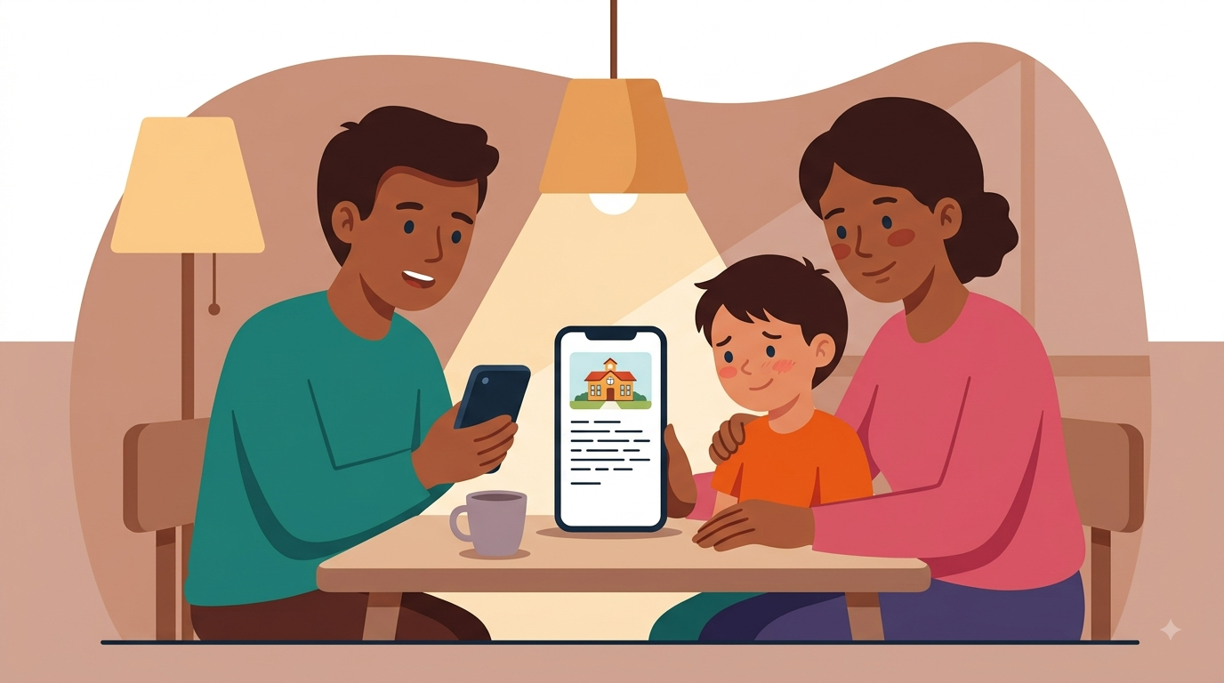 A family at home reading a short note from school on a phone, with their child beside them.