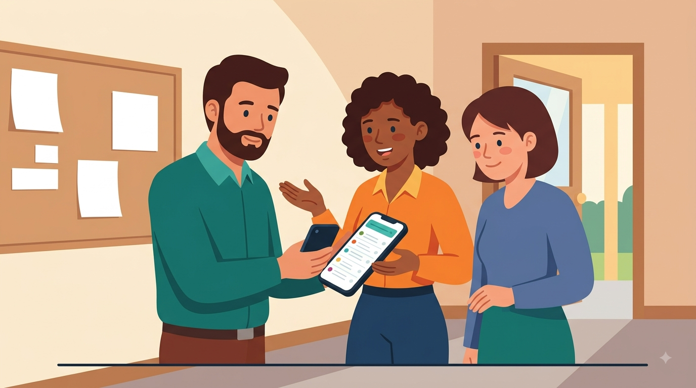 Three teachers between lessons, looking together at a phone showing a class list.