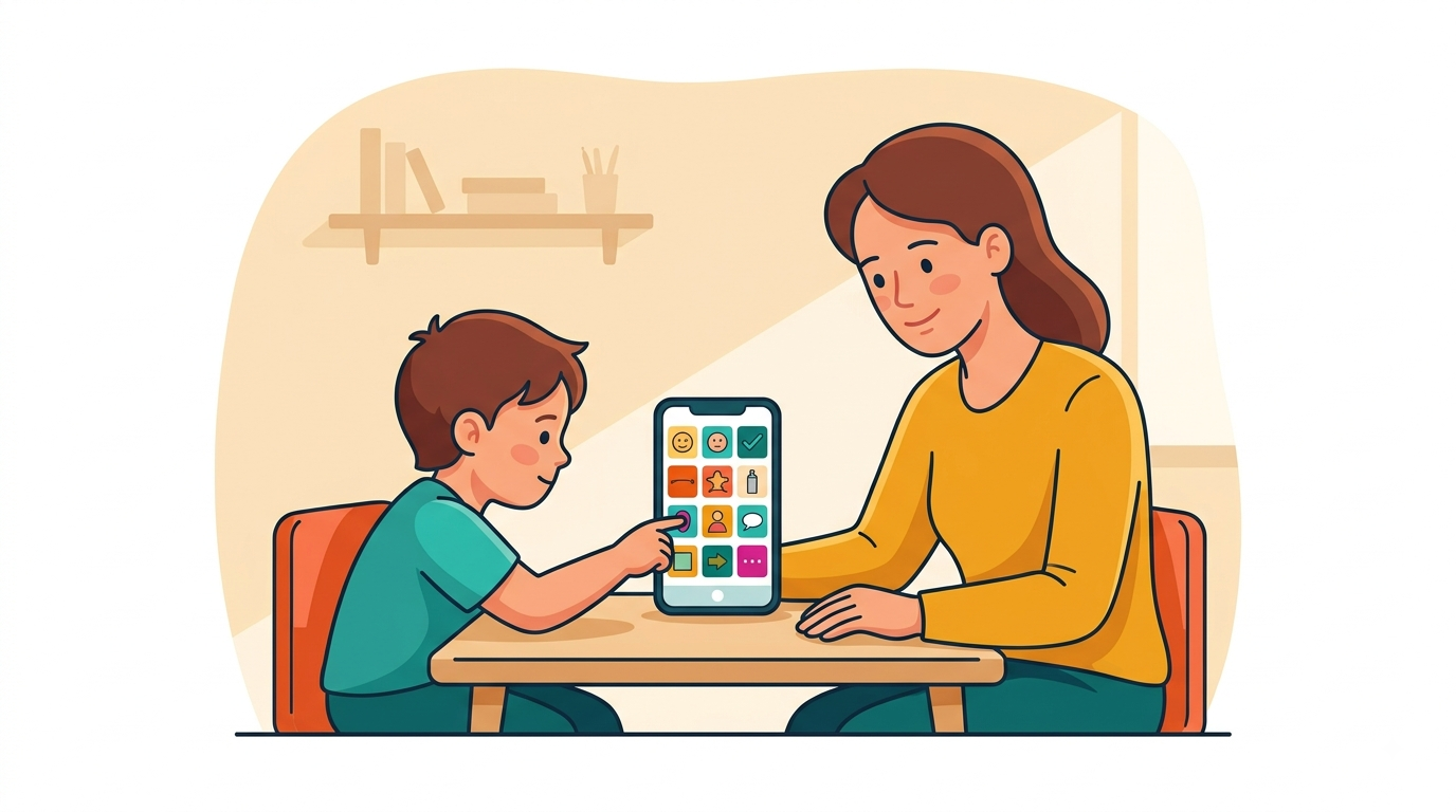 A child pressing a picture button on a phone held between them and their teacher, choosing what to say.